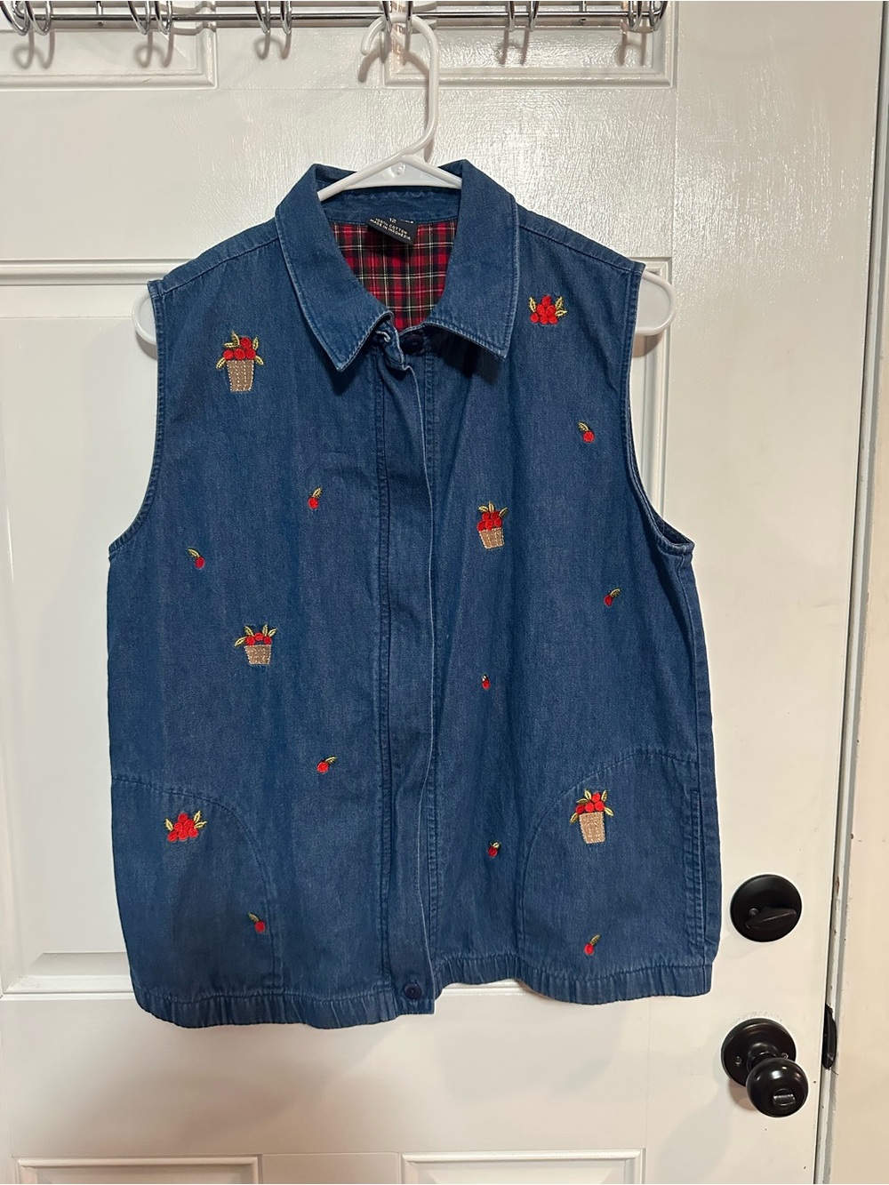 Allison Daley Blue Denim Zip up Vest with Embroidered Apples & Red Plaid Lining